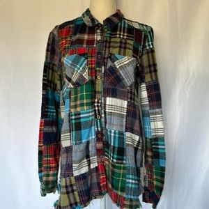 We the Free by Free People distressed, patchwork plaid button down, size large